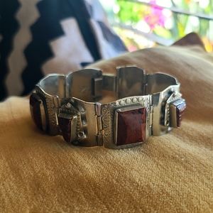Vintage Sterling Silver & Jasper Taxco Paneled Bracelet